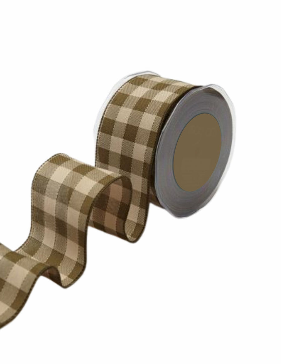 Olive Plaid Check Wired Ribbon