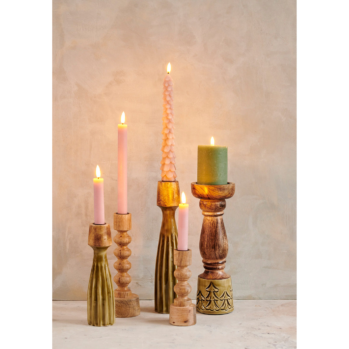 Large Wood Beaded Taper Candlestick