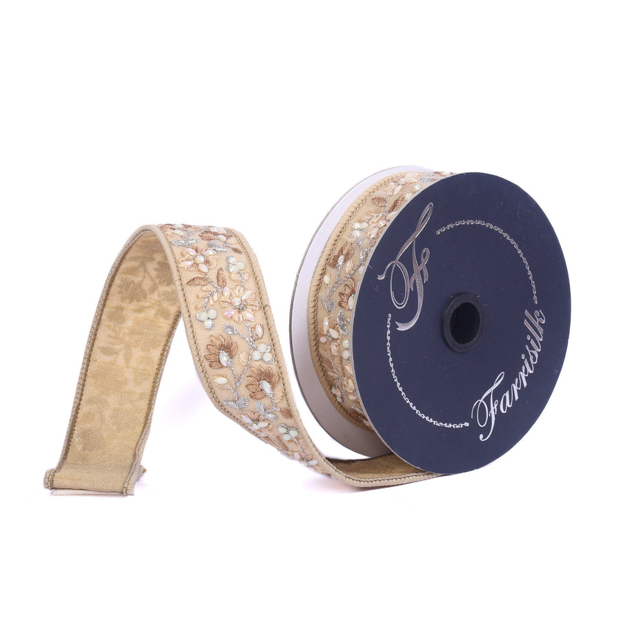 Beige Floral Jeweled Ribbon